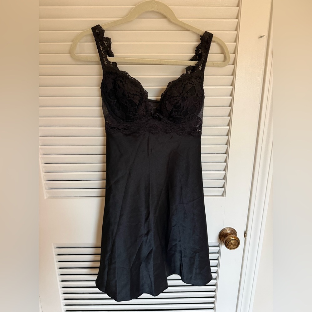 Victoria’s Secret Black Lace Slip Dress Padded Made In USA 90s Sexy Lingerie S